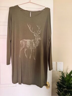 Tucker Olive Green Long-Sleeve Deer Graphic Top